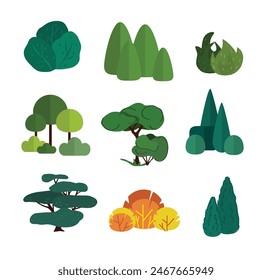 flat design bushes, hedge, live fence, trees. isolated on white background. Beautiful set of vector green bushes, trees in groups.