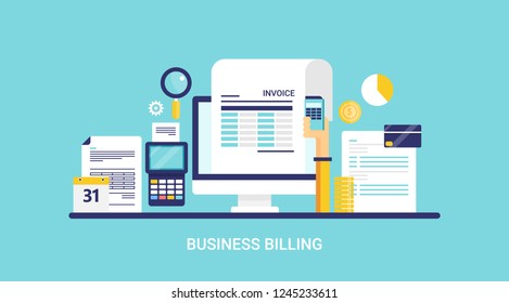 Flat design Business billing, invoice, payment, online money pay vector illustration on green background