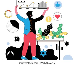 Flat design business chart infographic featuring a chart analyst, ideal for presentations, reports, or website visuals. Clean and modern aesthetic with vibrant color palette.