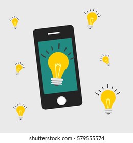 Flat design business concept Creative idea with light lamp bulb and smartphone, Vector illustrator