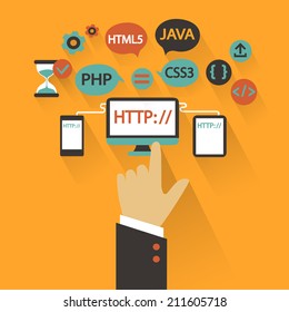 Flat design. Business concept with hand. Web development infographic.