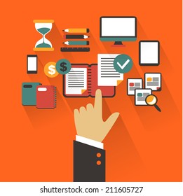 Flat design. Business concept with hand. Writing infographic.