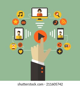Flat design. Business concept with hand. Social media infographic.