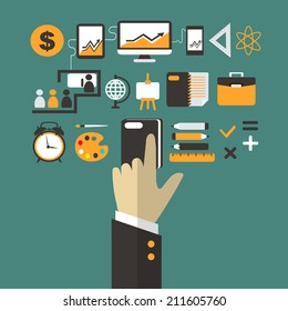 Flat design. Business concept with hand. Education infographic