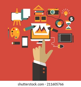 Flat design. Business concept with hand. Graphic design infographic.