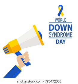 flat design business concept. Business man holding megaphone for website and promotion banners. Illustration of loop with symbolic colors of down syndrome. 