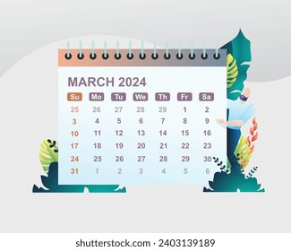 Flat design business concept of March 2024 year calendar