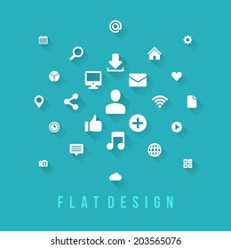 Flat design business concept social media design elements. Objects, icons and symbols for web banners and mobile phone applications.