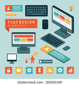 Flat design business concept social media design elements. Objects, icons and symbols for web banners and mobile phone applications. 