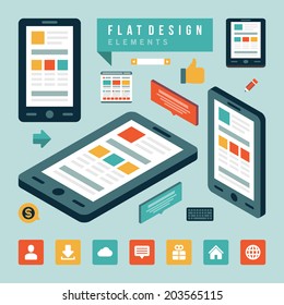 Flat design business concept social media design elements. Objects, icons and symbols for web banners and mobile phone applications. 