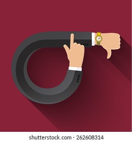 Flat design business concept with stylized hands sign time and dislike. Vector illustration