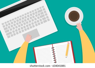 Flat design business concept. Top view of Businessman working on Laptop, note something and drink coffee. Vector illustration.