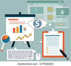 Diseño plano del concepto de negocio,Datos digitales de la plataforma de red social y utilizarlos para ganar dinero - Ilustración vectorial
