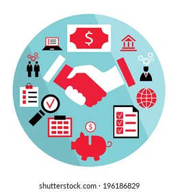 Flat design business elements: handshake, saving money,piggy bank, partnership concept and etc. Vector illustration.
