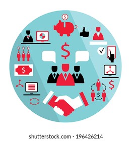 Flat design business elements: handshake, saving money,piggy bank, partnership concept and etc. Vector illustration.