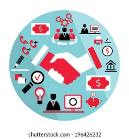 Flat design business elements: handshake, saving money,piggy bank, partnership concept and etc. Vector illustration.