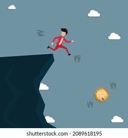 Flat design of business finance,Young man fell into the ravine while chasing the digital coin, deception concept - vector Illustration