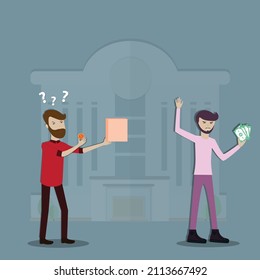 Flat design of  business finance,Young man holding a coin after buy a thing from shop,inflation concept - vector 
illustration