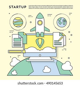 Flat Design Business Icons and Elements. Vector Startup Illustration with Rocket.Designed for Web and Other Decoration Surface