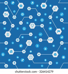 Flat design of business icons pattern, hexagon shapes background. Trendy, modern illustration concept, on blue background