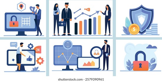 Flat Design Business Icons Set – Data Analytics, Team Collaboration, Financial Growth, Digital Marketing, and Project Management Concepts