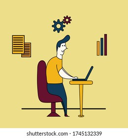 Flat design business man entrepreneur in a suit working on a laptop computer at his clean and sleek office desk. Flat style color modern vector illustration.