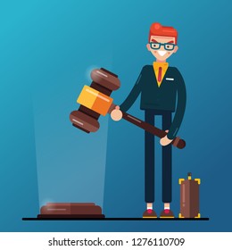 Flat design. Business man hold in hands Gavel justice symbol. Vector, illustration.