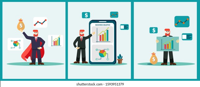 Flat design of Business Man working poses and  explaining the lead to the goal vector set