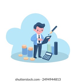 Flat Design of business owner creating a detailed budget plan Asset