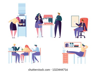 Flat Design Business People Coffee Break Work. Group of People, Colleagues, Office Worker, Friend, Drinking Coffee, Tea, Water from Cooler Office Vector Illustration Isolated on White Background