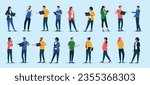 Flat design business people collection - Set of vector illustrations with various diverse businessmen and businesswomen doing office work with computers and devices on blue background