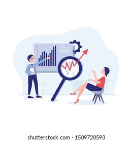 Flat design business people concept for strategy, planning, market research, finance, investment. Vector illustration concept for web banner, business presentation, advertising material