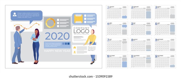 Flat design business people concept for Calendar 2020, Set Desk Calendar template design. Vector illustration. 