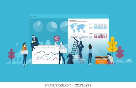 Flat design business people concept for strategy, planning, market research, finance, investment. Vector illustration concept for web banner, business presentation, advertising material.