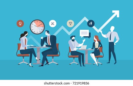 Flat Design Business People Concept For Project Management, Business Meeting, Working Process. Vector Illustration Concept For Web Banner, Business Presentation, Advertising Material.