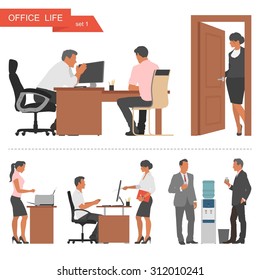 Flat Design Of Business People Or Office Workers. People Talking And Working At The Computers. Coffee Break Near Cooler. Vector Illustration Isolated On White Background.