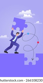 Flat design of business person solving problem with missing puzzle piece. Great for teamwork success, goal completion, strategy building, and smart planning visuals.Teamwork and Strategy Concept ใ