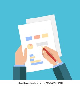 Flat design business process concept icon. Hand writing and planning business document