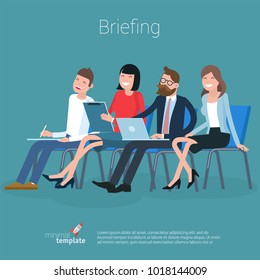 Flat design business process office vector concept. Group of business people having a meeting at the conference table.
