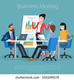 Flat design business process office vector concept. Group of business people having a meeting at the conference table.