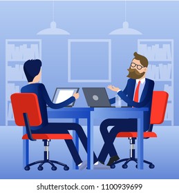 Flat design business process office vector concept. Group of business people having a meeting at the conference table.