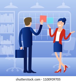 Flat design business process office vector concept. Group of business people having a meeting at the conference table.