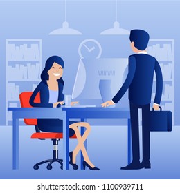 Flat design business process office vector concept. Group of business people having a meeting at the conference table.