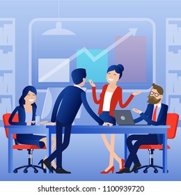 Flat design business process office vector concept. Group of business people having a meeting at the conference table.