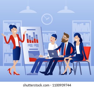 Flat design business process office vector concept. Group of business people having a meeting at the conference table.