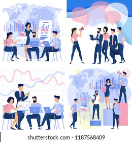 Flat design business process workflow management communicating ready to animation concept flat desing vector illustration  set. Office work and business, creative teamwork illustration. 