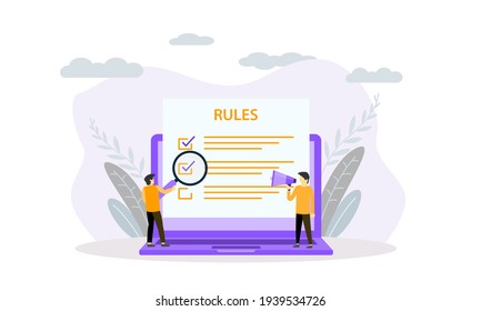 Flat Design Business Rule Concept, Making Checklist, Strategy Of Company Management. Vector Illustration For Banner, Background, Landing Page, Mobile App, Website.