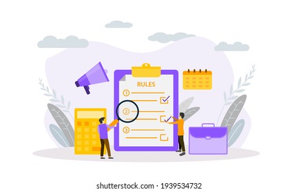 Flat Design Business Rule Concept, Making Checklist. Vector Illustration For Banner, Background, Landing Page, Mobile App, Website.