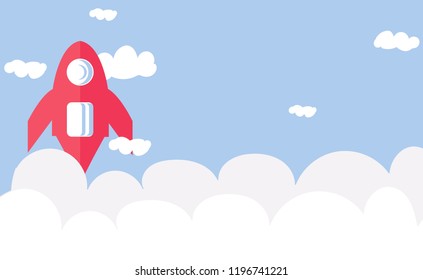 Flat design business startup launch concept: A red rocket with light blue sky and many white clouds. 
