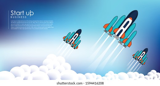Flat design business startup launch concept with rocket icon